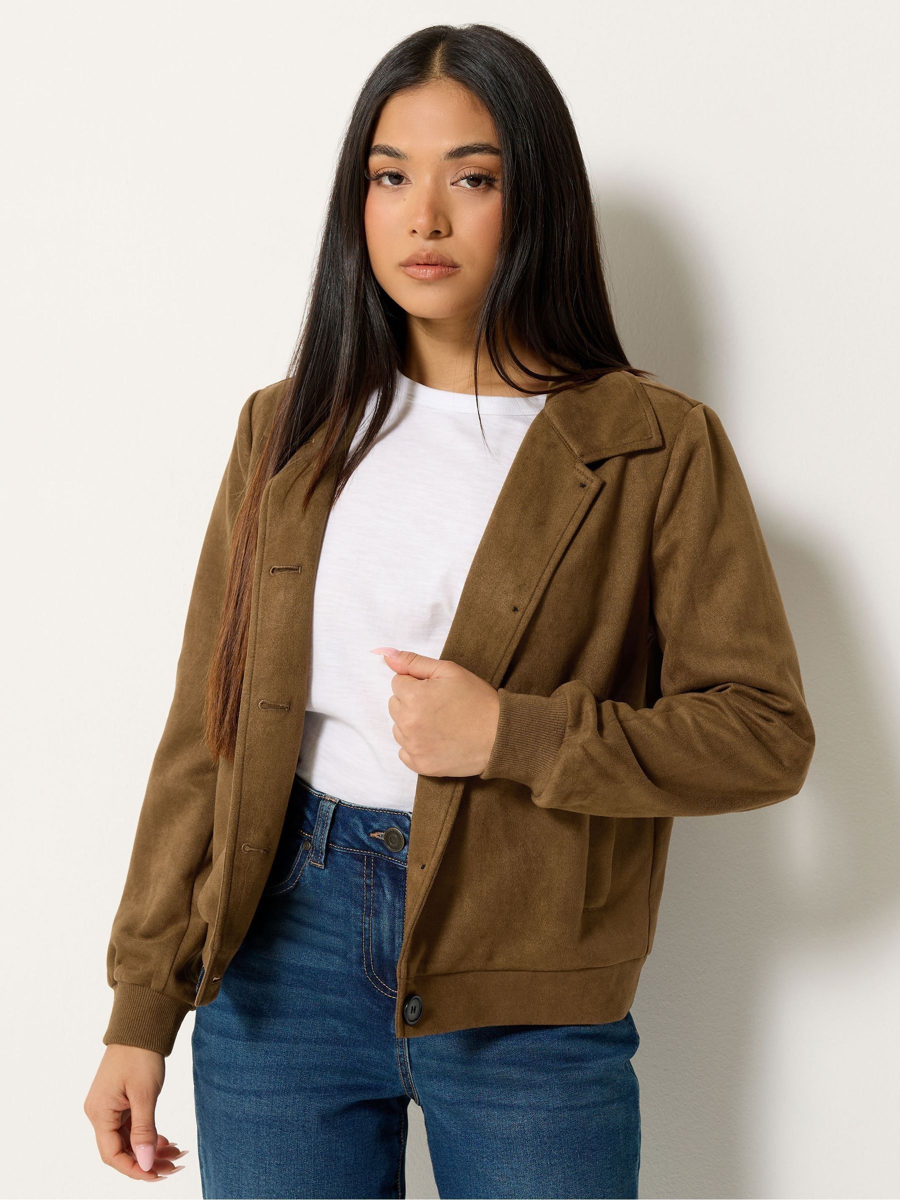 M & Co Women's Brown Button Up Faux Suede Jacket