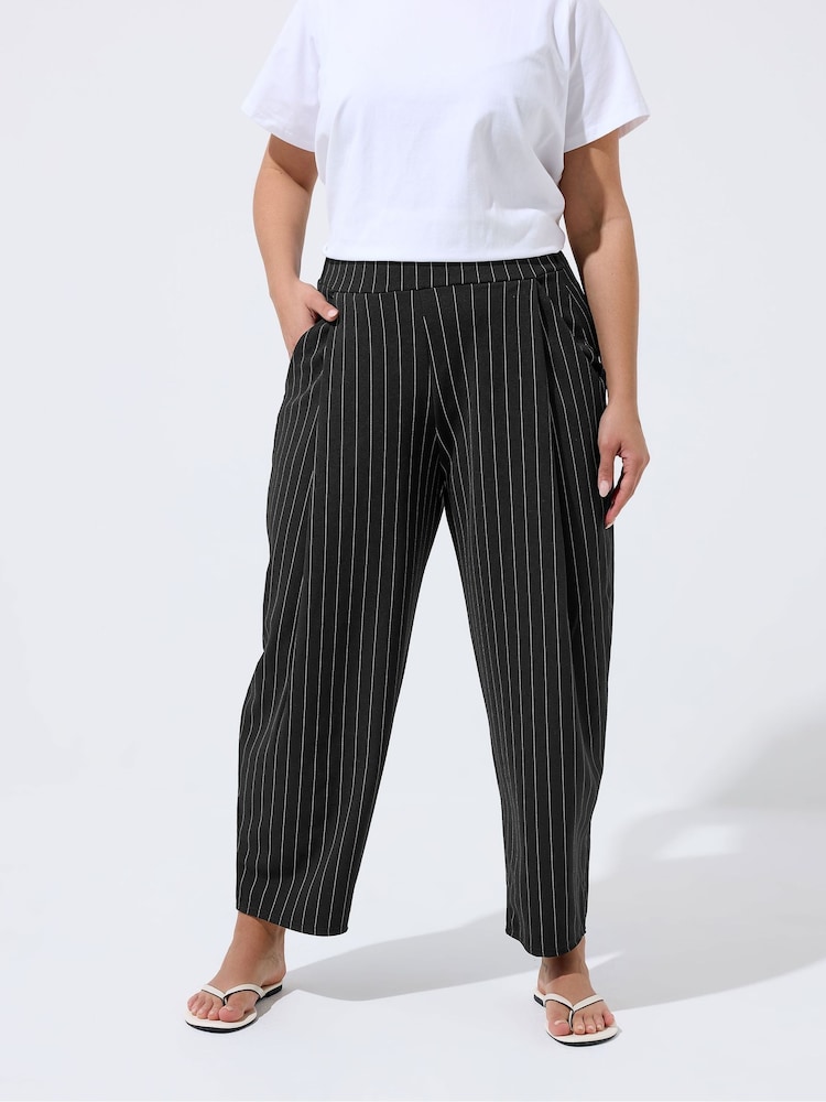 Yours Curve Black Limited Pinstripe Barrel Leg Trousers - Image 1 of 5