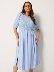 Yours Curve Blue Shirred Puff Sleeve Dress - Image 1 of 5
