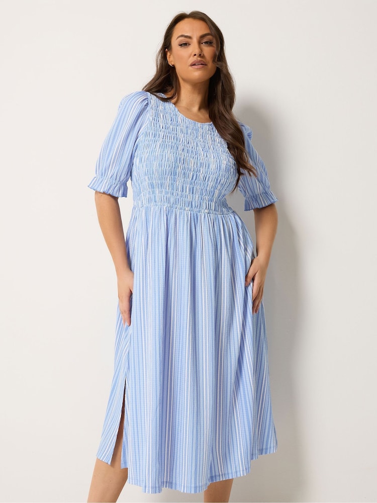 Yours Curve Blue Shirred Puff Sleeve Dress - Image 1 of 5