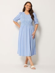 Yours Curve Blue Shirred Puff Sleeve Dress - Image 2 of 5