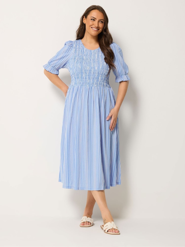 Yours Curve Blue Shirred Puff Sleeve Dress - Image 2 of 5