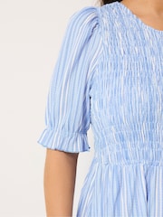 Yours Curve Blue Shirred Puff Sleeve Dress - Image 4 of 5