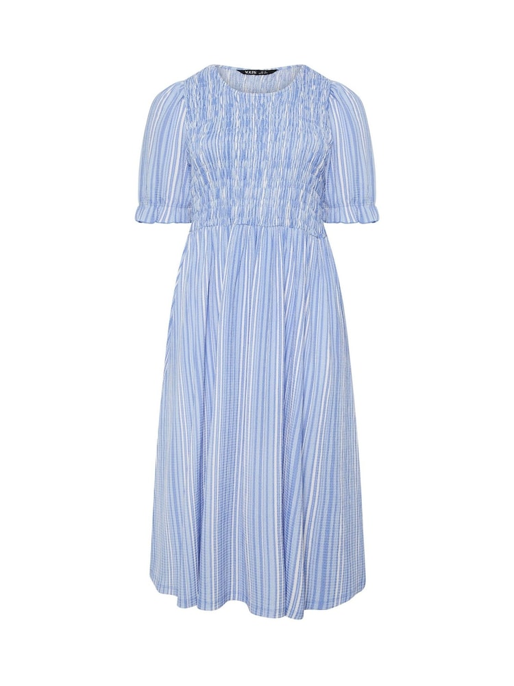 Yours Curve Blue Shirred Puff Sleeve Dress - Image 5 of 5