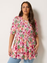 Yours Curve Pink Shirred Puff Sleeve Top - Image 1 of 5