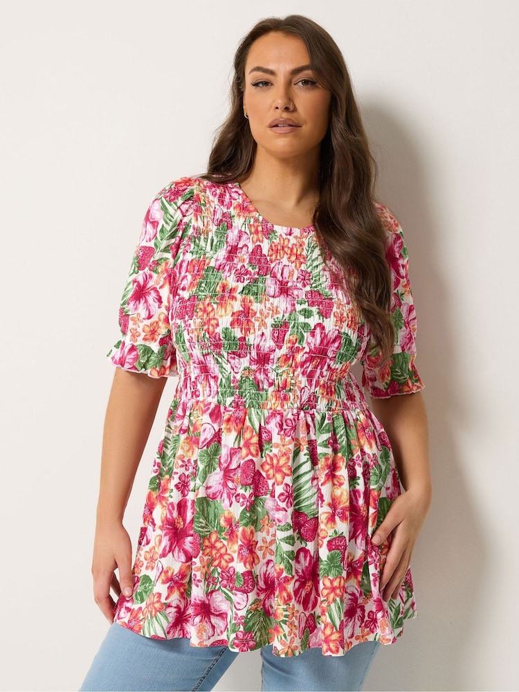 Yours Curve Pink Shirred Puff Sleeve Top - Image 1 of 5