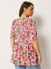Yours Curve Pink Shirred Puff Sleeve Top - Image 2 of 5