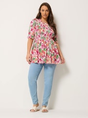 Yours Curve Pink Shirred Puff Sleeve Top - Image 3 of 5