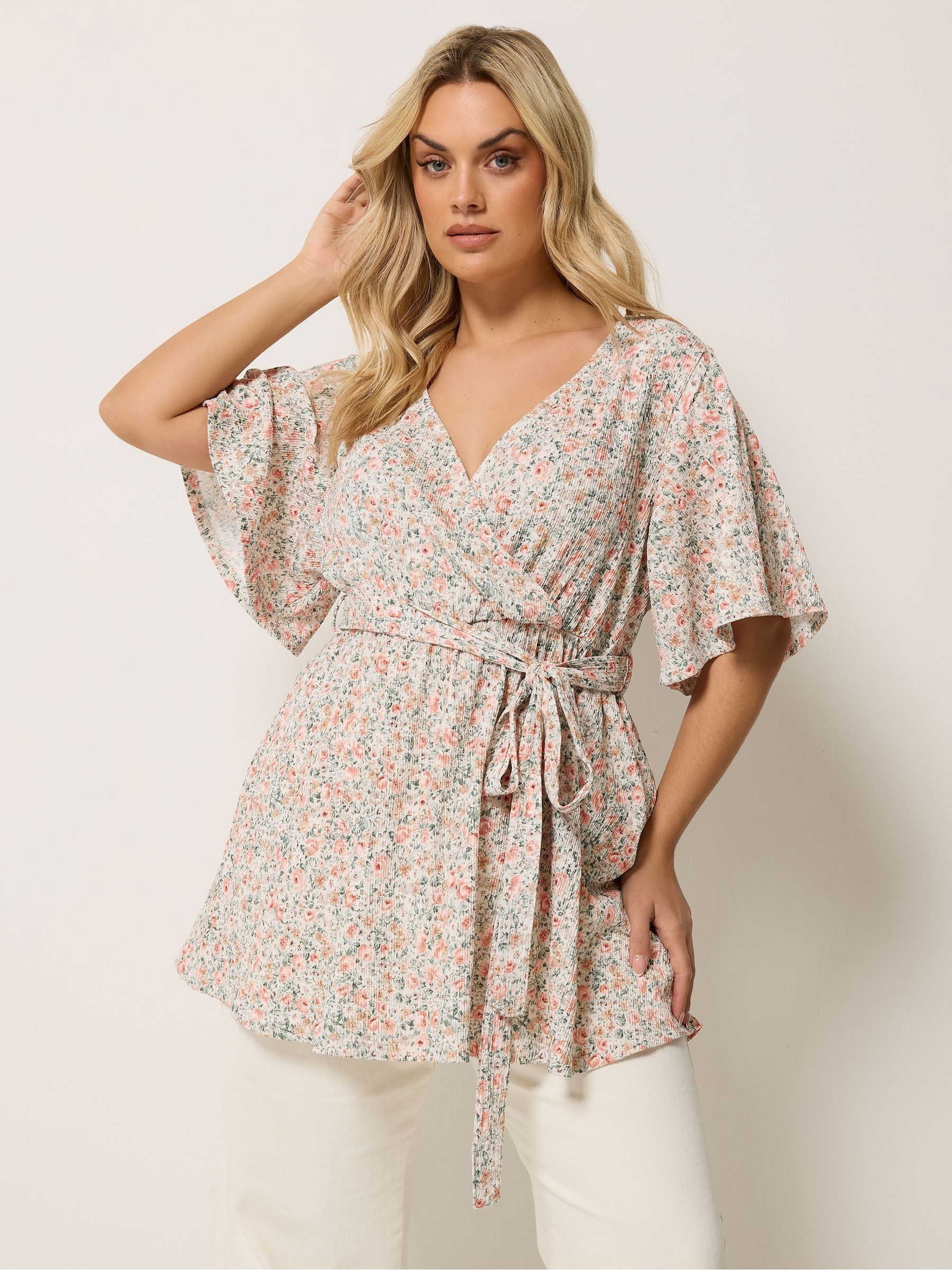 Yours Women's Floral Textured Wrap Top in Natural | Size: 30-32 - Image 1