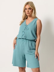 Yours Curve Blue Textured Resort Shorts - Image 1 of 5