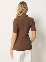 Long Tall Sally Brown Zip Neck Ribbed T-Shirt - Image 4 of 6