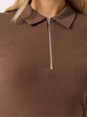 Long Tall Sally Brown Zip Neck Ribbed T-Shirt - Image 5 of 6