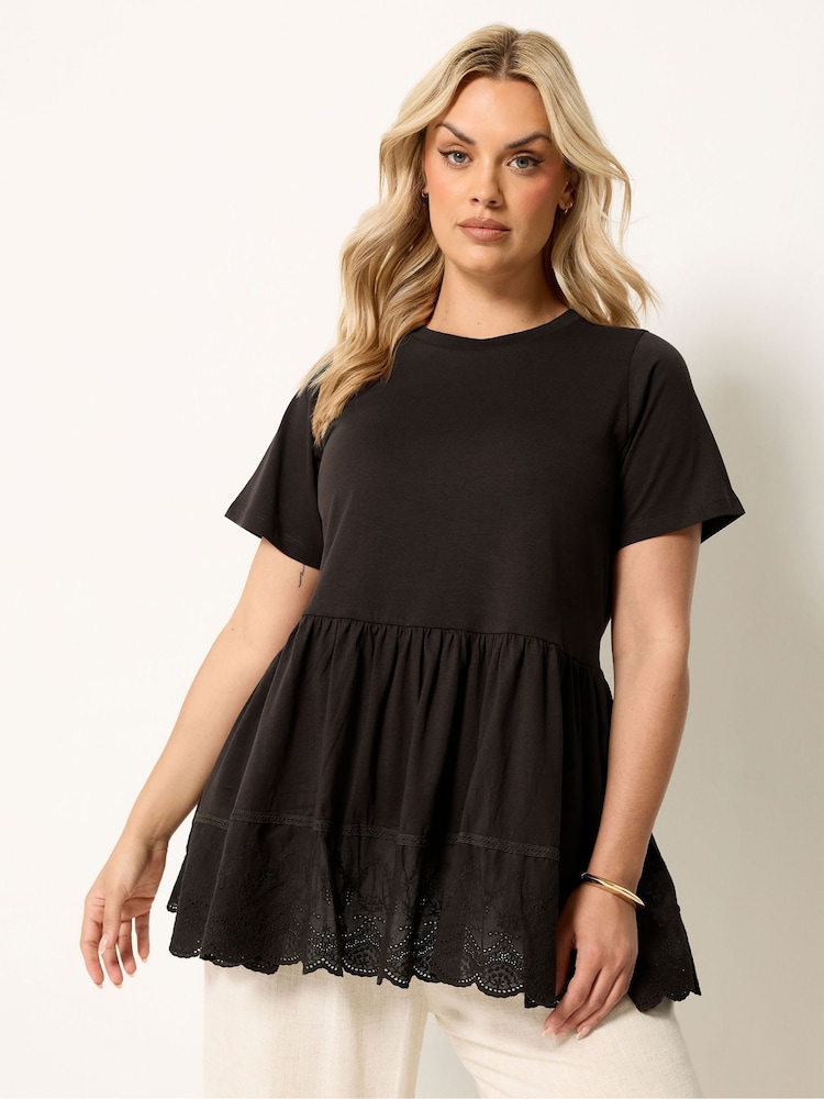 Yours Curve Brown Tiered Anglaise Peplum Top - Image 1 of 5