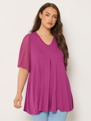 Yours Curve Purple Pleated Front Swing Mesh Sleeve Top - Image 1 of 4