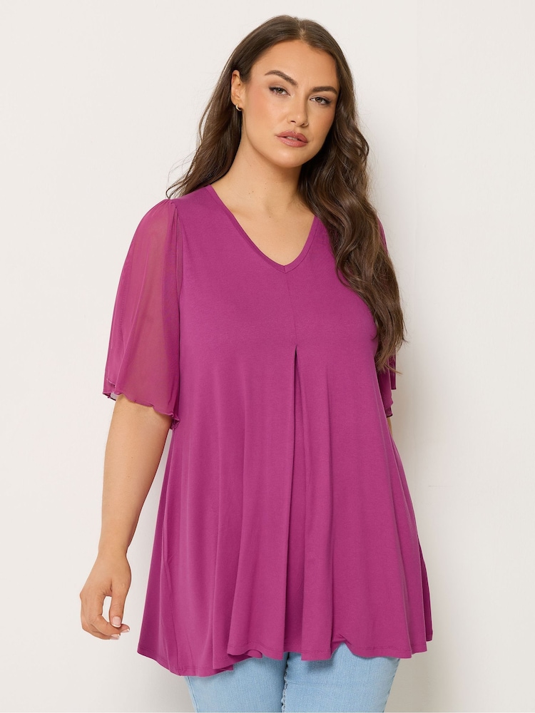 Yours Curve Purple Pleated Front Swing Mesh Sleeve Top - Image 1 of 4 Yours Curve Purple Pleated Front Swing Mesh Sleeve Top - Image 1 of 4