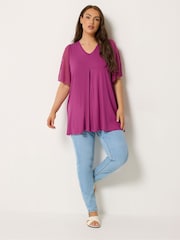 Yours Curve Purple Pleated Front Swing Mesh Sleeve Top - Image 2 of 4