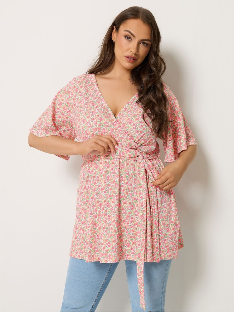 Yours Curve Pink Textured Wrap Top - Image 1 of 4