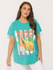 Yours Curve Green Placement Print Tropical T-Shirt - Image 1 of 5