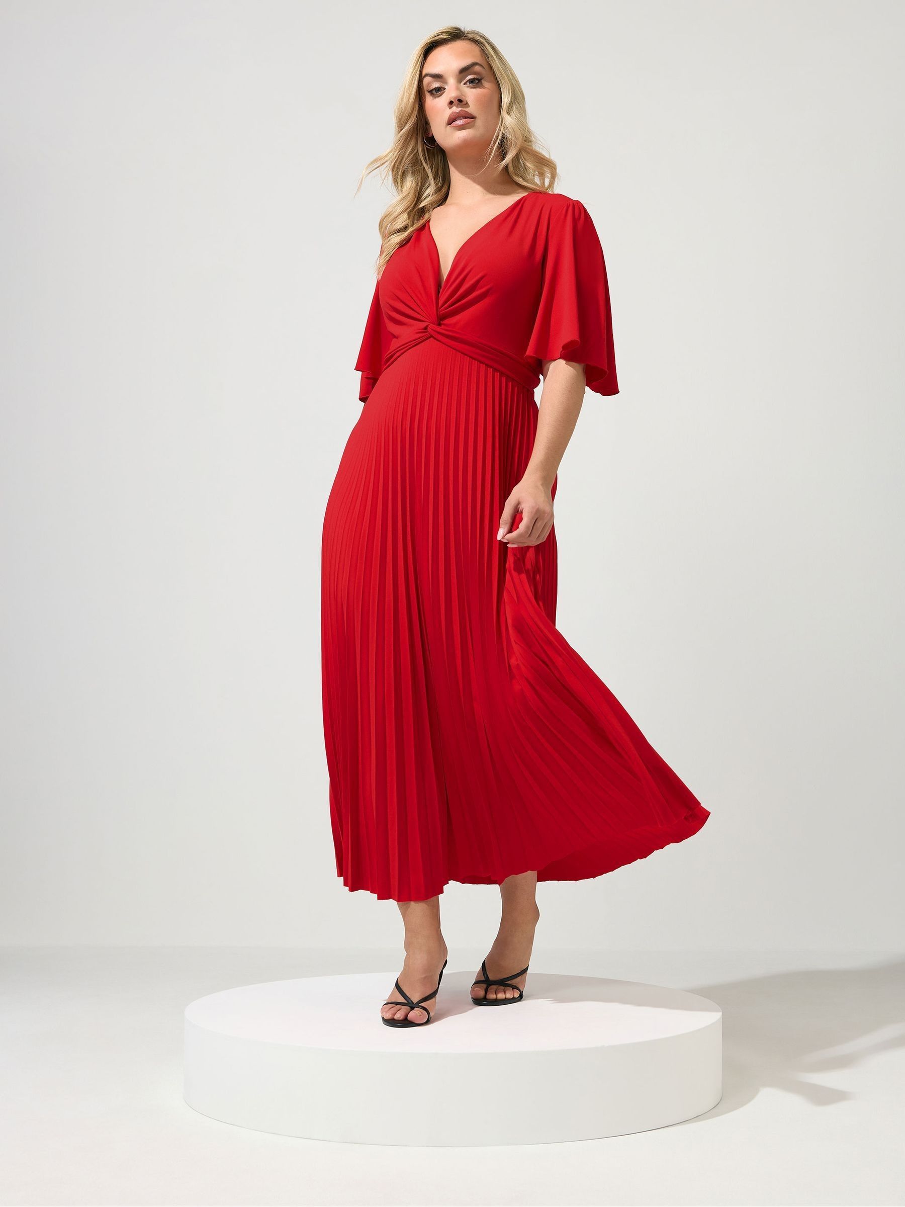Yours Curve Women's Red London Pleated Knot Angel Sleeve Maxi Dress