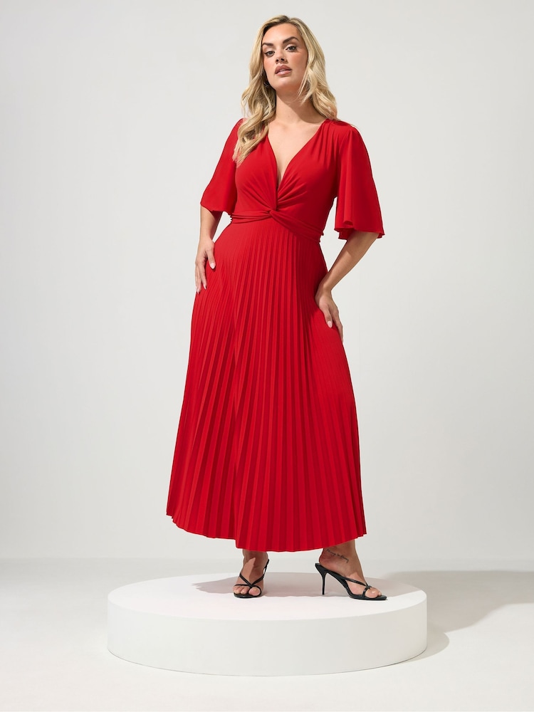 Yours Curve Red London Pleated Knot Angel Sleeve Maxi Dress - Image 2 of 5