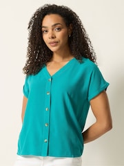 M&Co Green Short Sleeve Button Through Blouse - Image 1 of 5