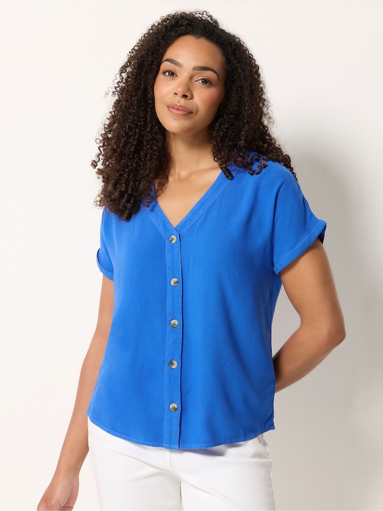 M&Co Blue Short Sleeve Button Through Blouse - Image 1 of 5