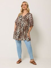 Yours Curve Brown Pleated Front Swing Mesh Sleeve Top - Image 2 of 5