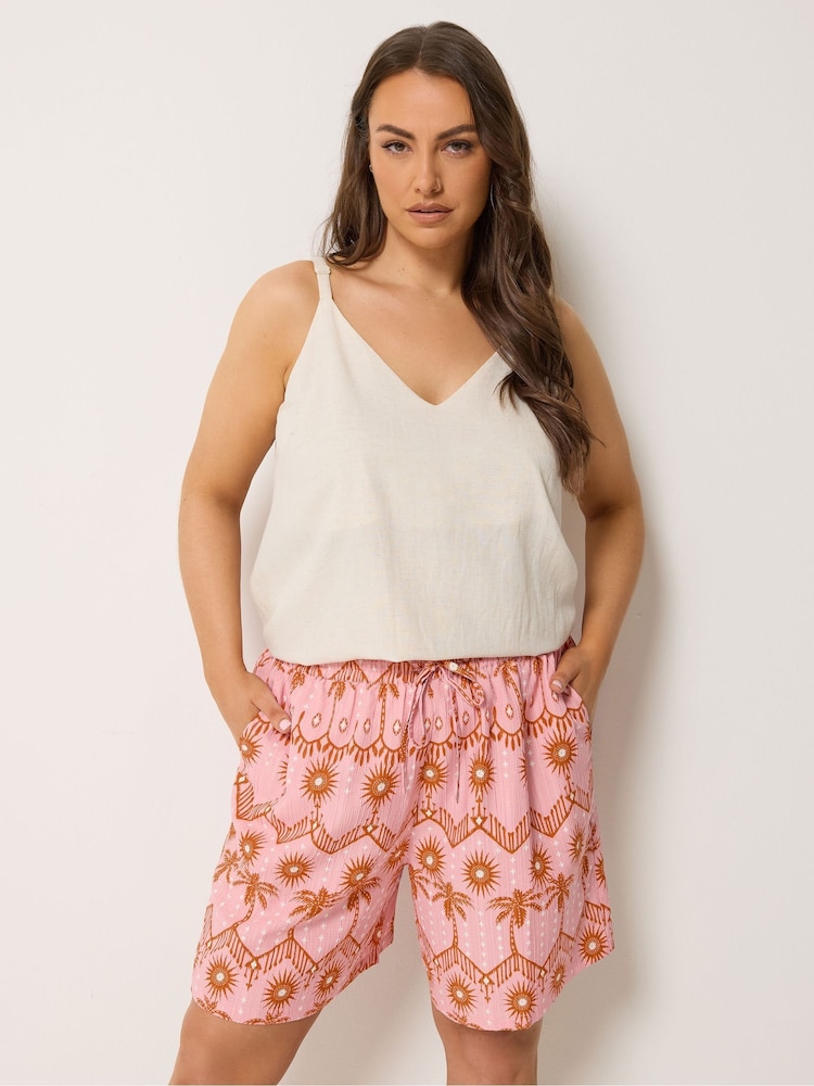 Yours Curve Pink Palm Printed Woven Shorts - Image 1 of 5
