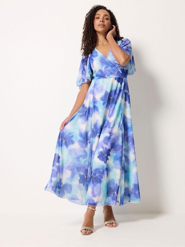M&Co Blue Mesh Angel Sleeve Maxi Dress - Image 1 of 5