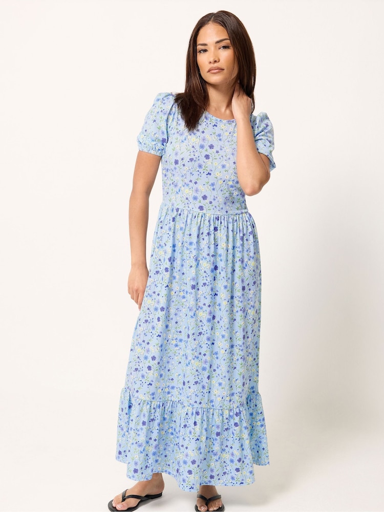 PixieGirl Petite Blue Puff Sleeve Floral Maxi Dress - Image 1 of 5