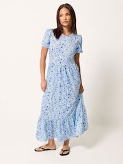 PixieGirl Petite Blue Puff Sleeve Floral Maxi Dress - Image 2 of 5