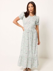 PixieGirl Petite Green Puff Sleeve Floral Maxi Dress - Image 1 of 5