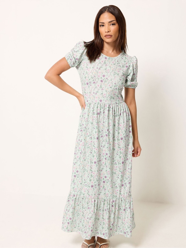 PixieGirl Petite Green Puff Sleeve Floral Maxi Dress - Image 1 of 5