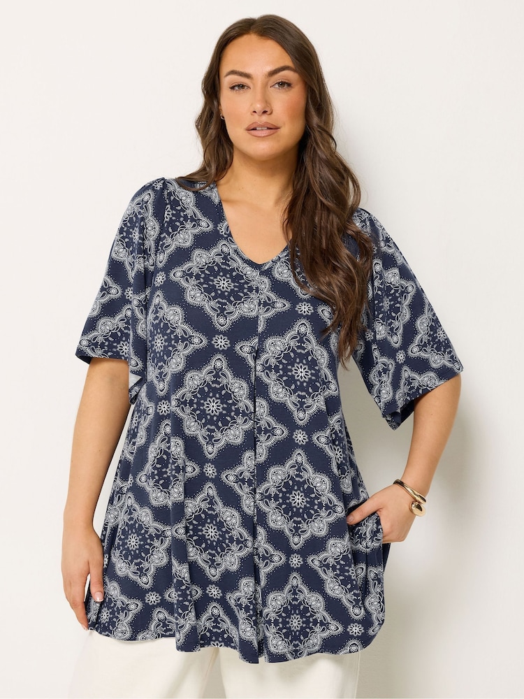 Yours Curve Blue Pleated Front Swing Top - Image 1 of 5