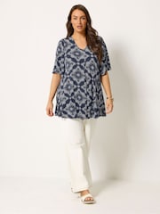 Yours Curve Blue Pleated Front Swing Top - Image 2 of 5