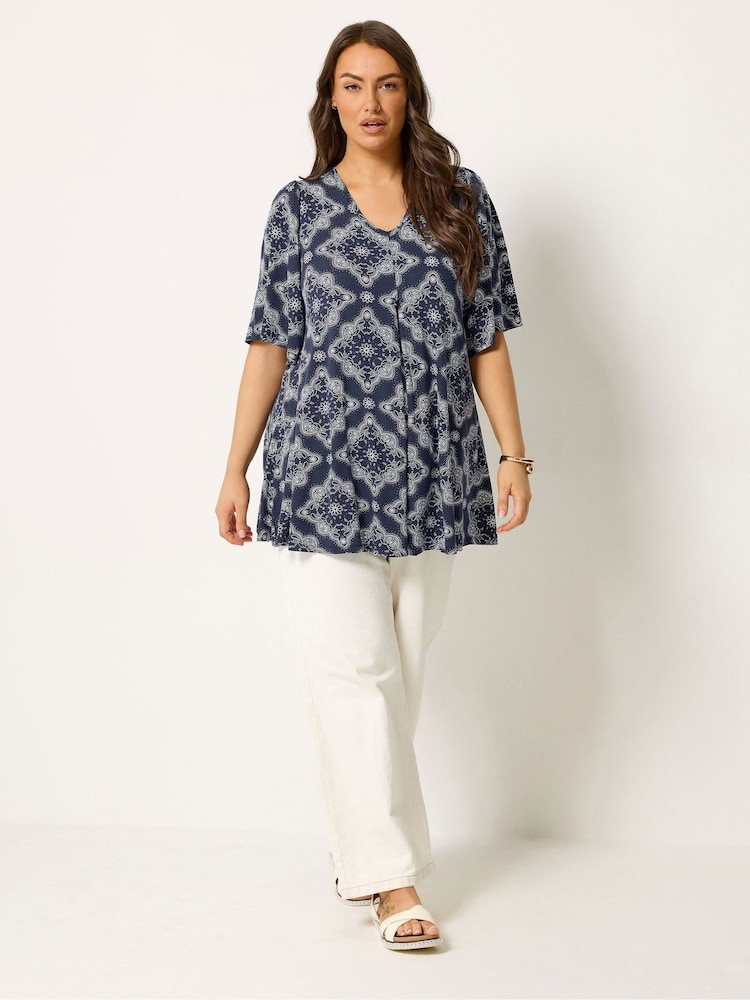 Yours Curve Blue Pleated Front Swing Top - Image 2 of 5