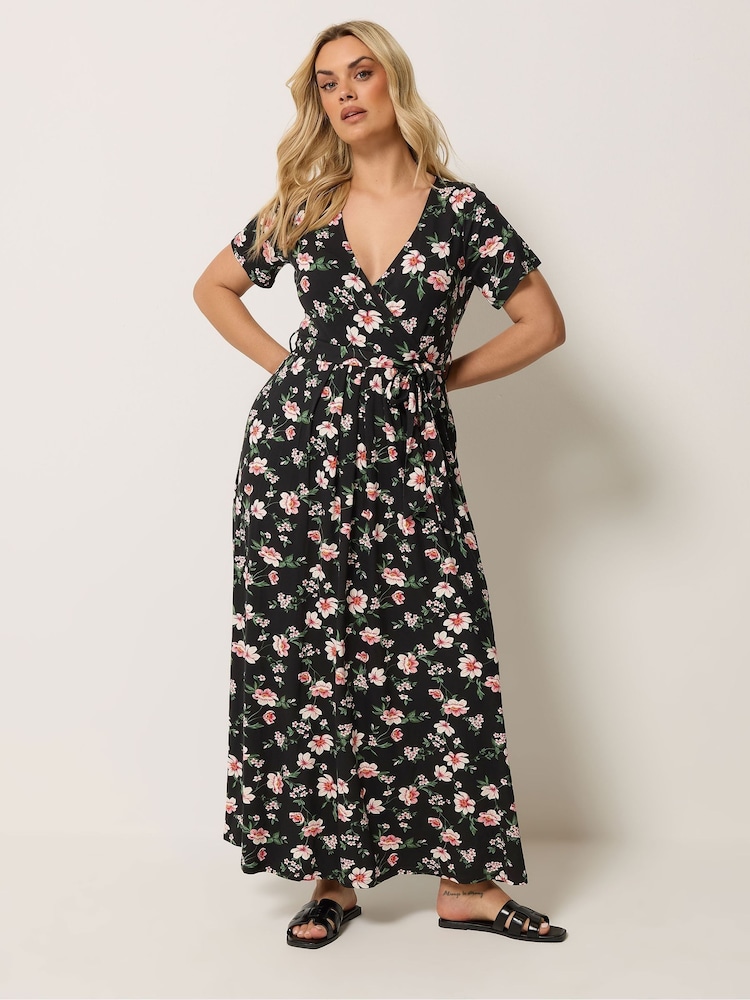 Yours Curve Black Wrap Front Dress - Image 1 of 5