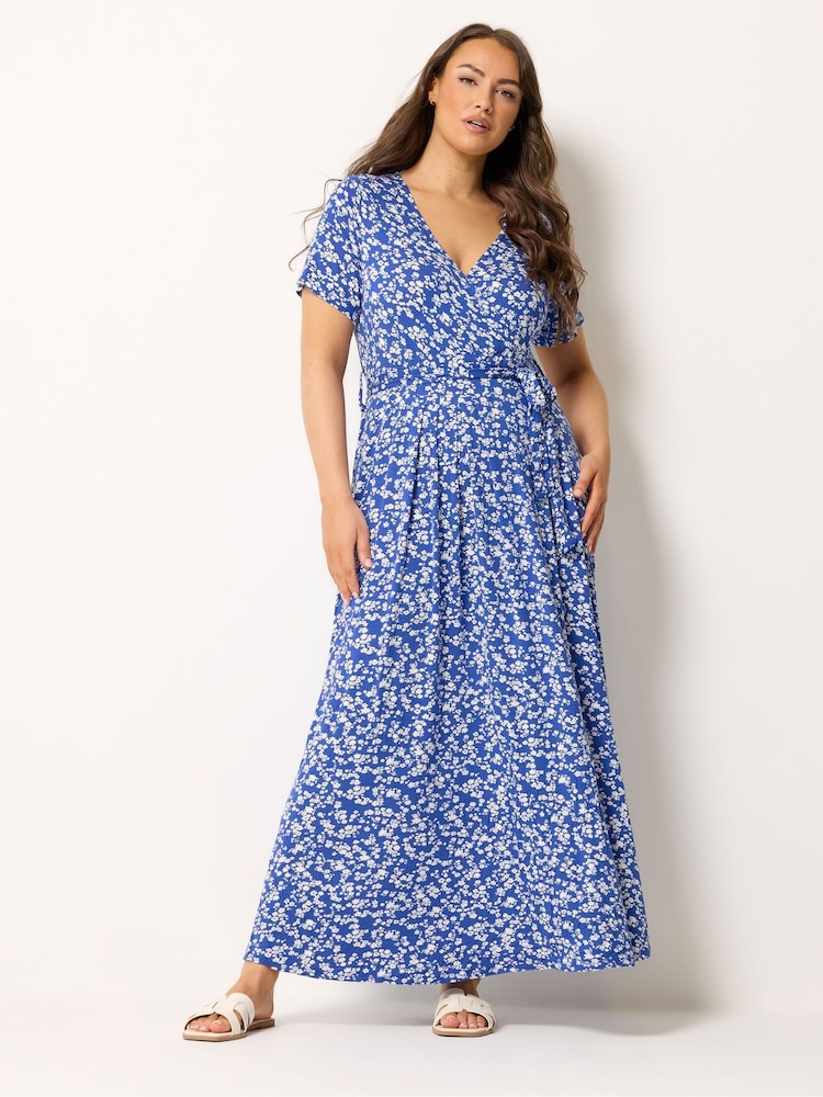 Yours Curve Blue Wrap Front Dress - Image 2 of 5