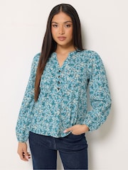 M&Co Blue Petite Ditsy Half Placket Long Sleeve Top - Image 1 of 5