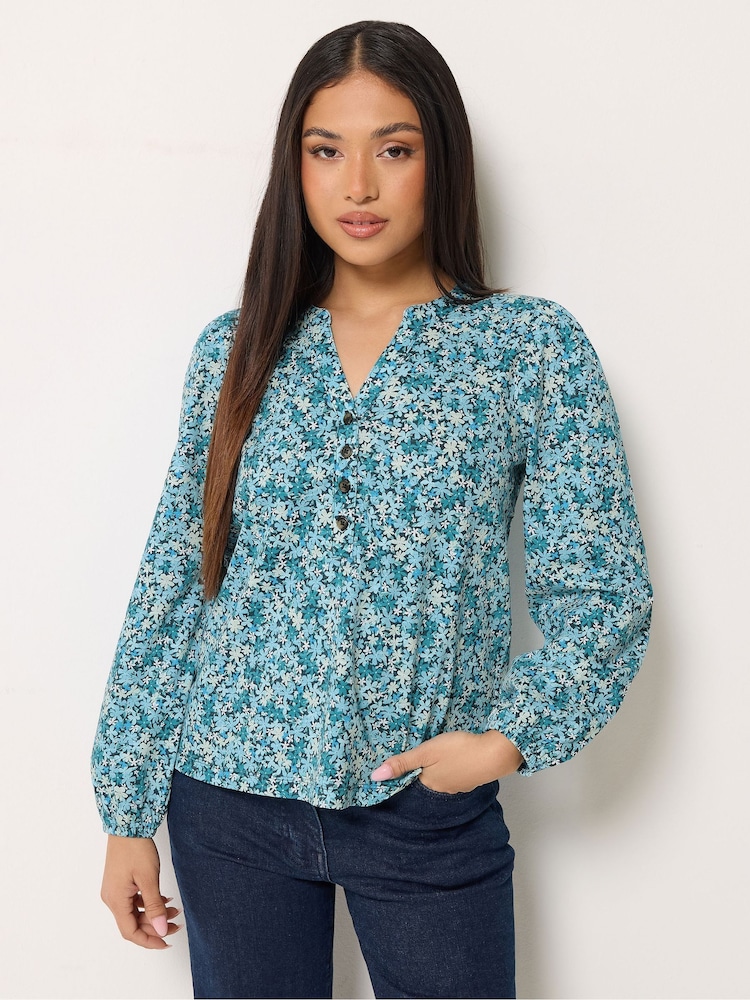 M&Co Blue Petite Ditsy Half Placket Long Sleeve Top - Image 1 of 5