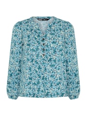 M&Co Blue Petite Ditsy Half Placket Long Sleeve Top - Image 5 of 5