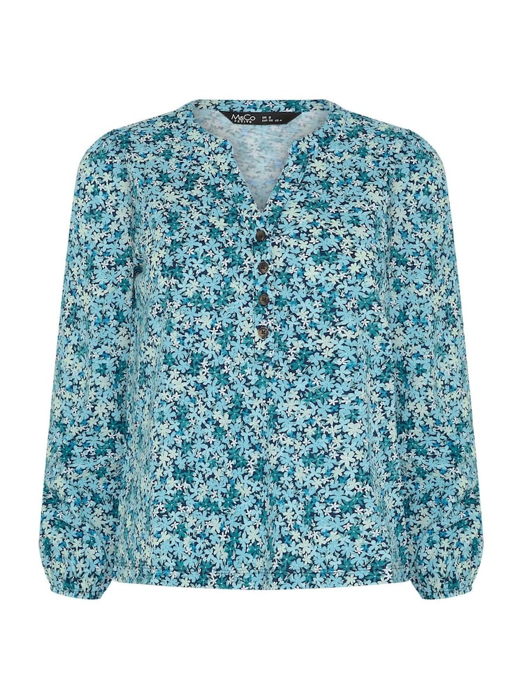 M&Co Blue Petite Ditsy Half Placket Long Sleeve Top - Image 5 of 5