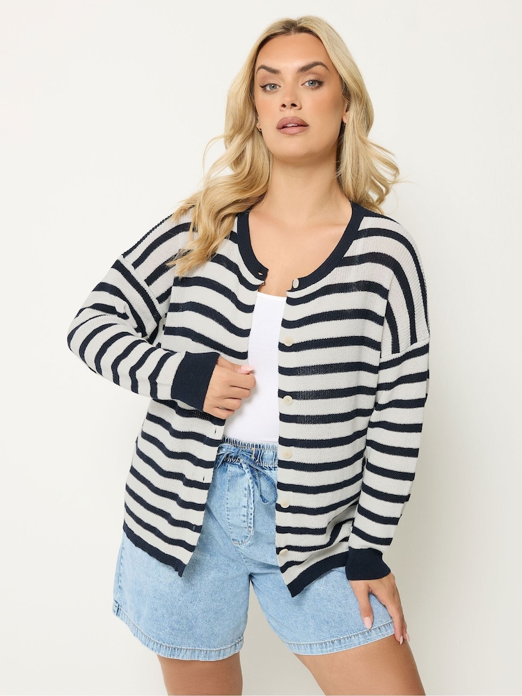 Yours Curve Blue Stripe Crew Neck Cardigan - Image 1 of 6 Yours Curve Blue Stripe Crew Neck Cardigan - Image 1 of 6