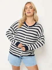 Yours Curve Blue Stripe Crew Neck Cardigan - Image 2 of 6