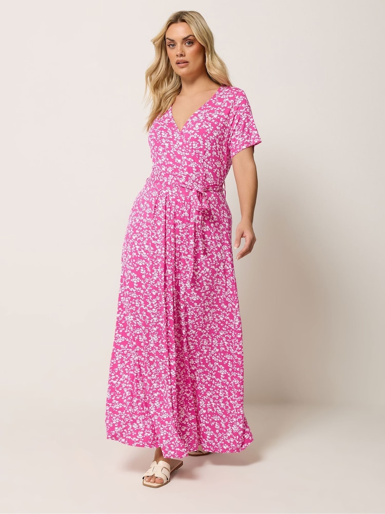 Yours Curve Pink Wrap Front Dress - Image 1 of 5