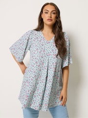 Yours Curve Blue Textured Pleated Front Swing Top - Image 1 of 4