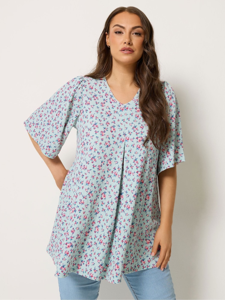 Yours Curve Blue Textured Pleated Front Swing Top - Image 1 of 4 Yours Curve Blue Textured Pleated Front Swing Top - Image 1 of 4