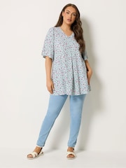 Yours Curve Blue Textured Pleated Front Swing Top - Image 2 of 4