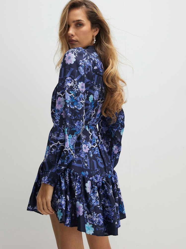 River Island Blue Long Sleeve Floral Mini Shirt Dress - Image 2 of 4 River Island Blue Long Sleeve Floral Mini Shirt Dress - Image 2 of 4
