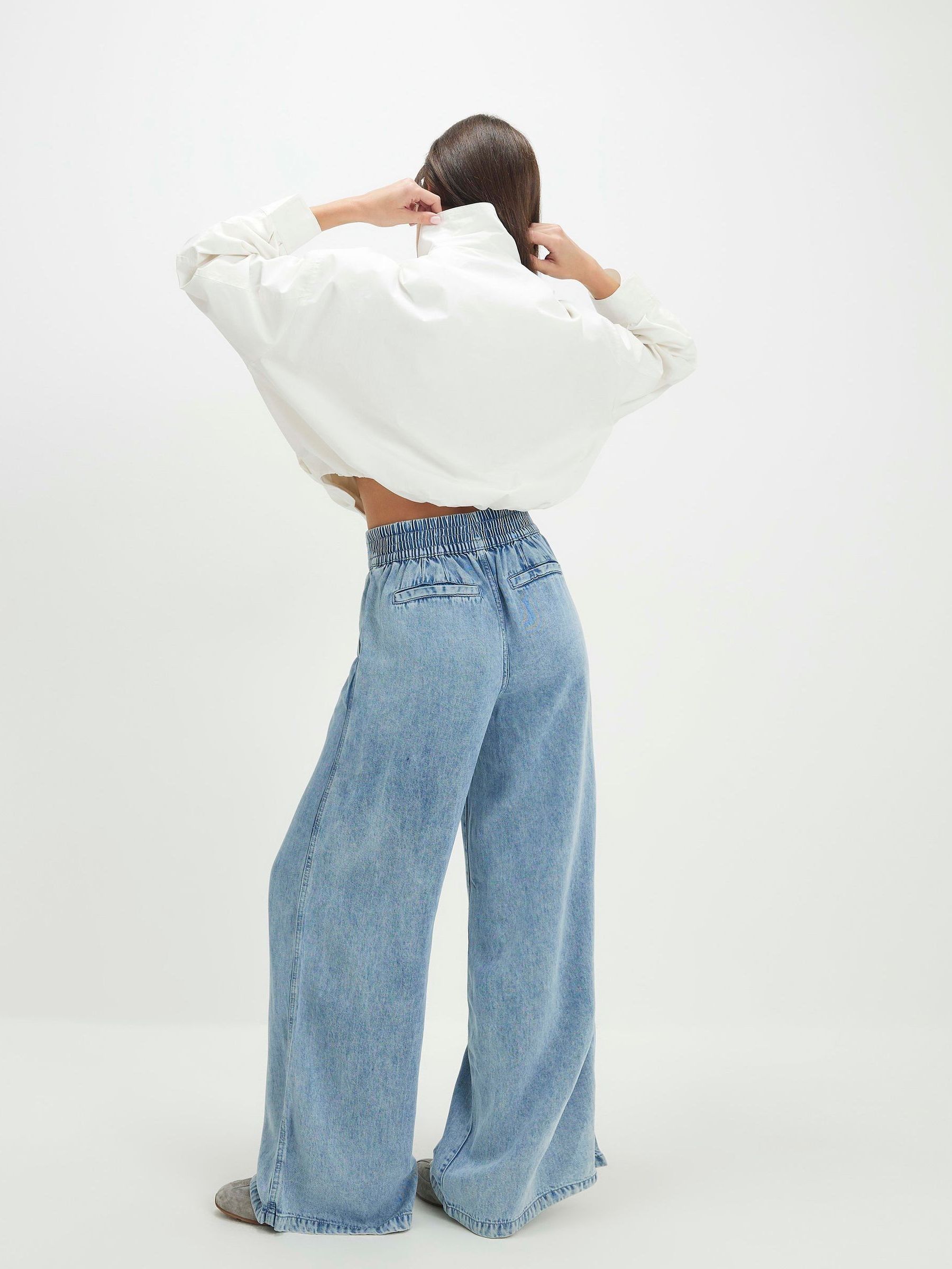 Buy River Island Blue Elasticated High Rise Dart Front Wide Leg